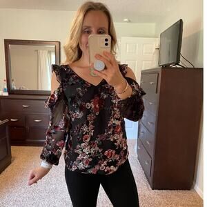 WHBM Floral Cold Shoulder Top - Black and Red